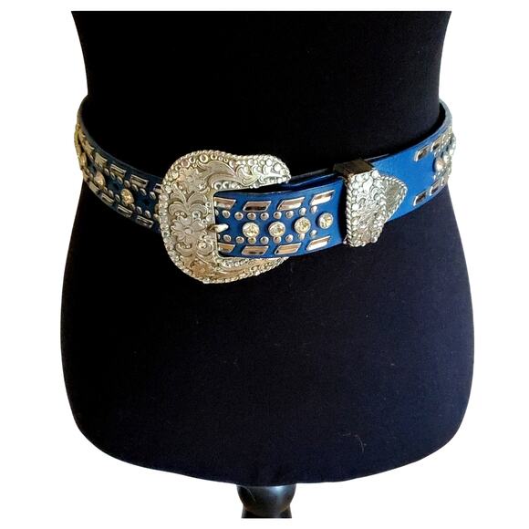 Nocona Blue Leather Belt Clear Crystal Stud Silver Tone Buckle Western Small 26" - Picture 6 of 16